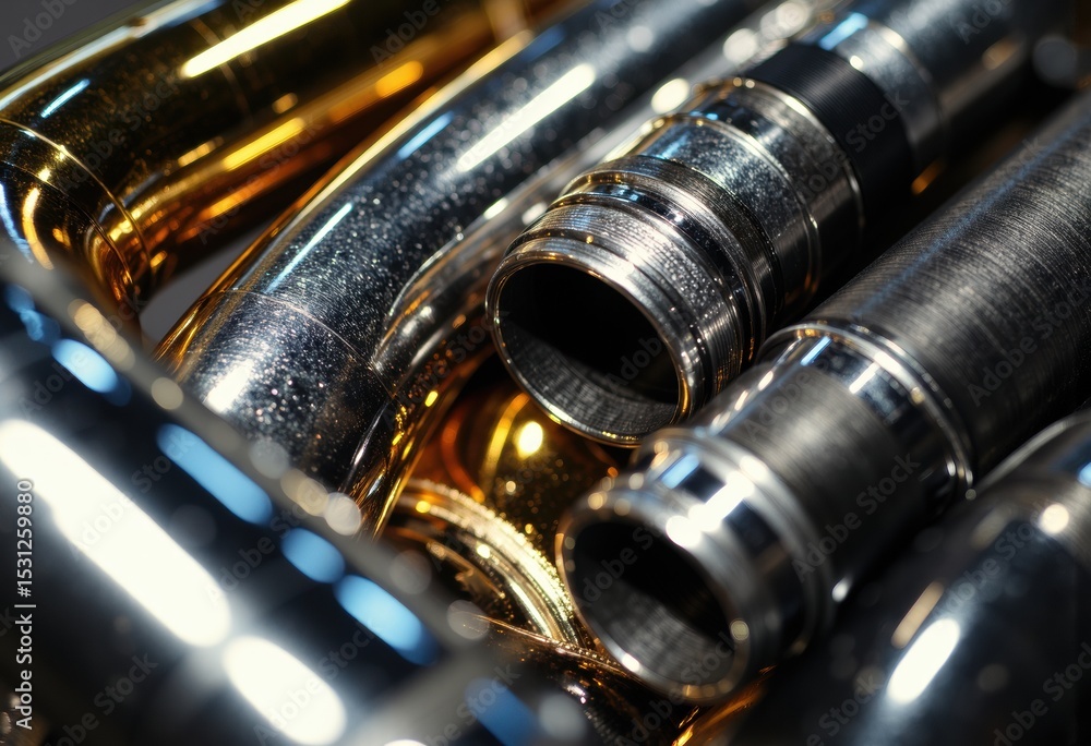 Naklejka premium Close-up of shiny metallic tubes with reflective surfaces and intricate details