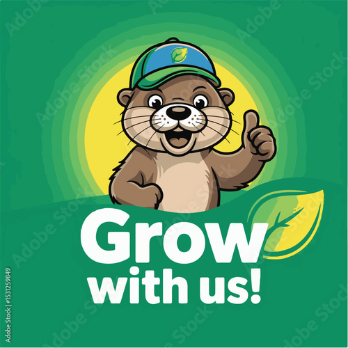 Grow With Us - Cute Cartoon Mascot Bear Promoting Eco Growth and Teamwork Message