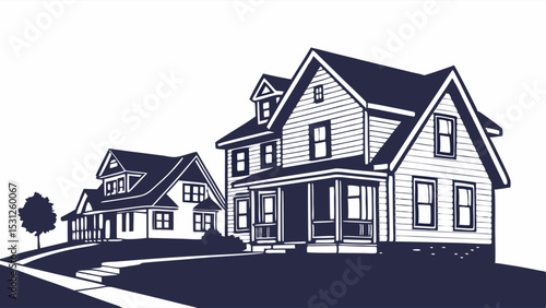 Three houses of varying sizes stand on a sloping lawn, rendered in a simple, graphic style.