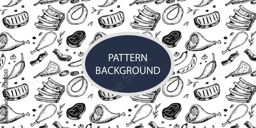 barbecue wallpaper, bbq pattern background. Outline black white bbq art design,