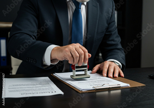Professional man in an office setting applying an official stamp to legal documents on his desk.