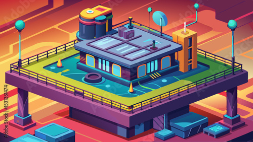 Futuristic cartoon rooftop structure with antennas, solar panels and neon lights on a floating platform in a vibrant sci-fi city