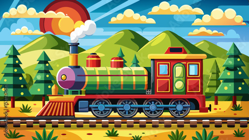 Colorful cartoon steam train on railway track in a scenic forest landscape with green hills, trees and bright sky