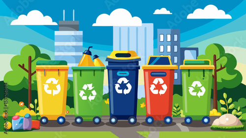 Colorful recycling bins for sorting waste in cartoon city park with trees, skyscrapers and clear blue sky