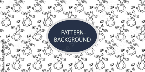 Handrawn black white  planet pattern background. Cute line doodle space background. Hand drawn planets, sun, moon, stars, spaceship collection. Childish drawing cosmic illustration. 