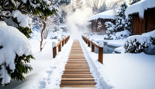 Wallpaper Mural Snowy Pathway Leading to Hidden Hot Spring with Rising Steam Torontodigital.ca