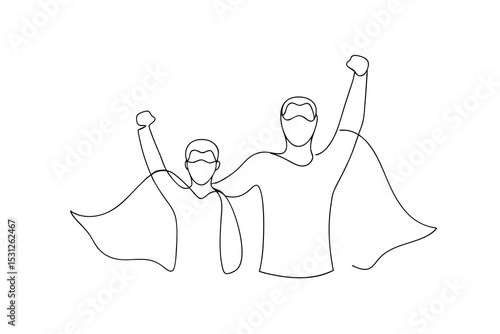 Line drawing two superheroes celebrating victory together
