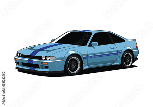 Blue sports car with racing stripes isolated on white background