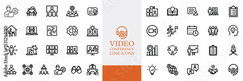 Big set of video conference line icons. Meeting, online, live, call etc. Editable stroke