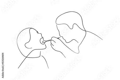 Doctor performing throat examination line drawing illustration