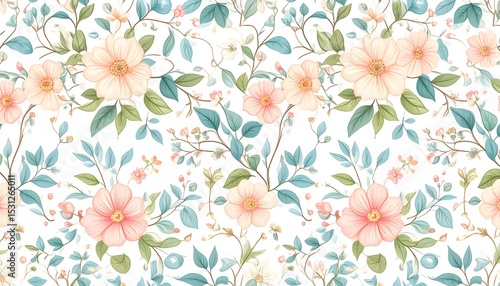 Wallpaper Mural Delicate floral pattern with peach blossoms and teal leaves on white background Torontodigital.ca