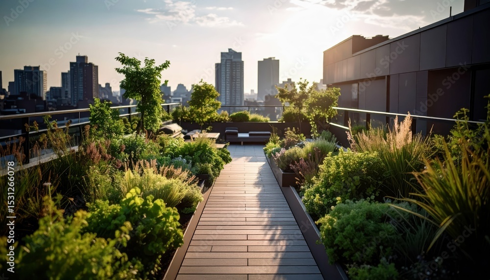 Fototapeta premium Secret Rooftop Garden Pathway in a City Setting at Sunset