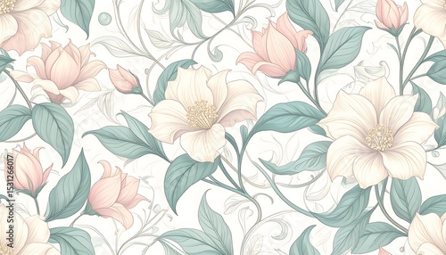 Wallpaper Mural Delicate floral pattern with soft peach and cream blossoms, teal leaves, and swirling vines Torontodigital.ca