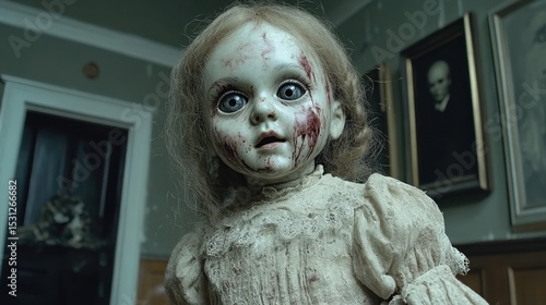 Spooky doll with bloody face, vintage interior