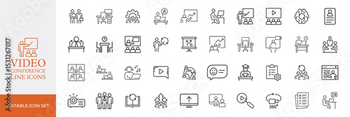Big set of video conference line icons. Meeting, online, live, call etc. Editable stroke