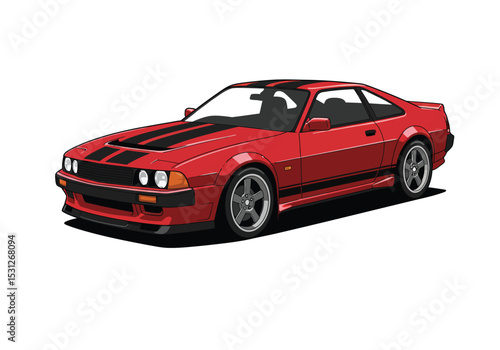 Red sports car with black stripes isolated on white background showcases a sleek design and aerodynamic features for high performance driving