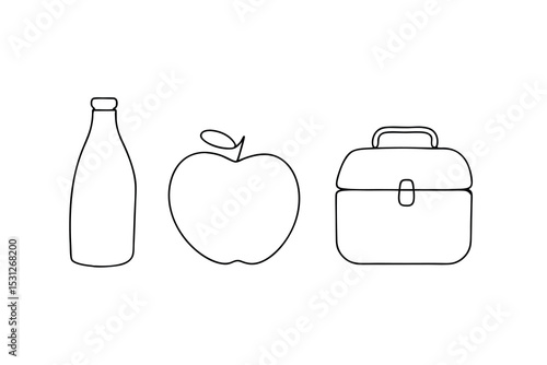 Simple line drawing of lunchbox apple and juice bottle