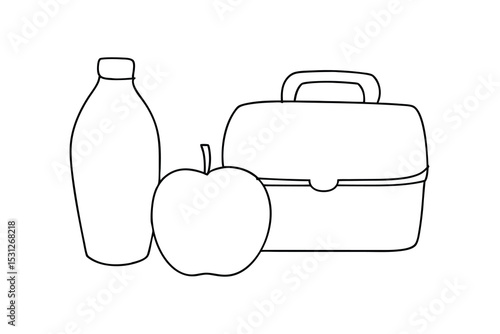 Line drawing of lunchbox apple and drink bottle
