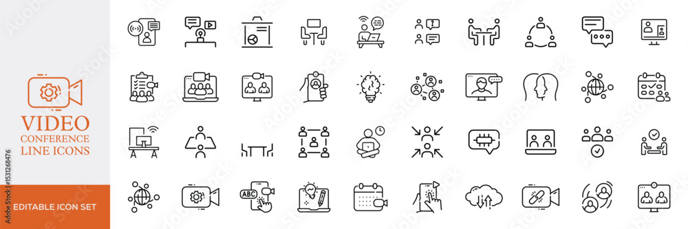 Big set of video conference line icons. Meeting, online, live, call etc. Editable stroke Big set of video conference line icons. Meeting, online, live, call etc. Editable stroke