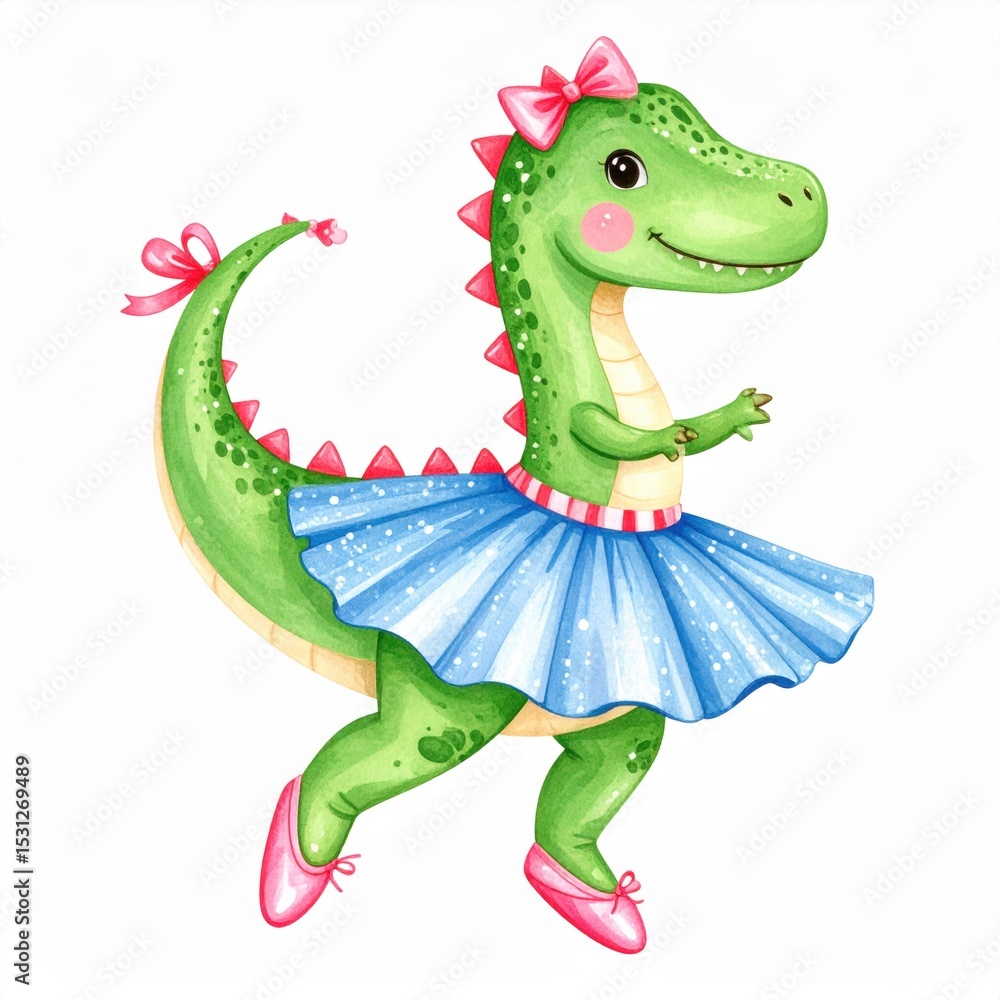 Fototapeta premium A cute green dinosaur dressed as a ballerina with a blue tutu, pink ballet shoes, and bows, dancing joyfully on a white background.