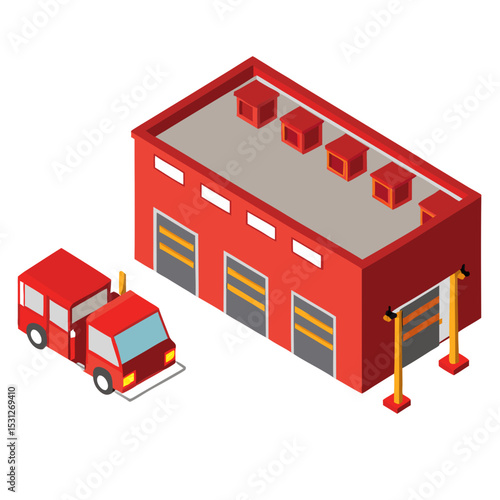 vector of a fire department building with red garage doors, fire trucks, and siren light in isometric angle, isolated on white

