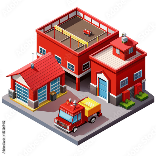 vector of a fire department building with red garage doors, fire trucks, and siren light in isometric angle, isolated on white
