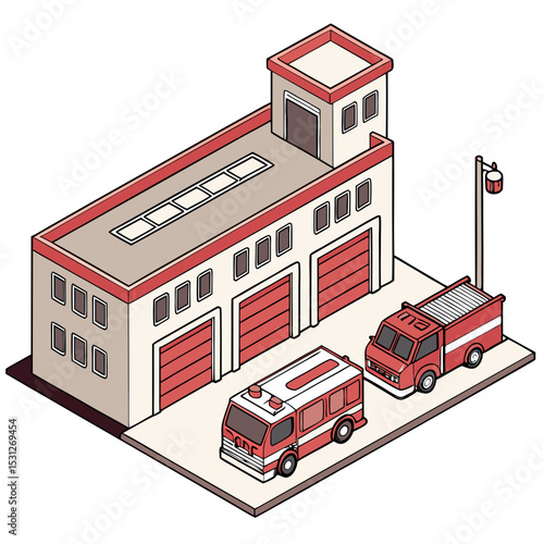 vector of a fire department building with red garage doors, fire trucks, and siren light in isometric angle, isolated on white
