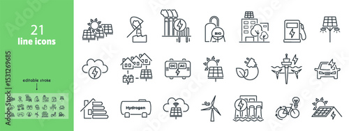 Green energy icon pack. Line illustrations about ecology, carbon footprint, and environment issue. Earth friendly pictogram for eco projects and energy topics. Vector illustration.