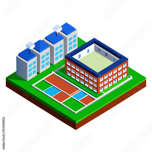 vector of a modern high school with sports field, multiple buildings, and pathways in isometric perspective, white background
