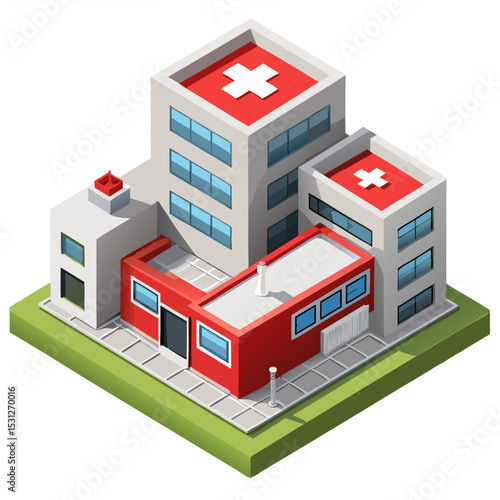 vector of a hospital complex with emergency entrance, red cross symbol, and rooftop helipad in isometric style, isolated on white
