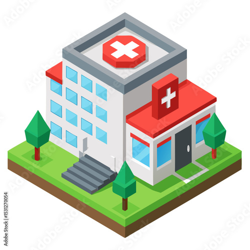 vector of a hospital complex with emergency entrance, red cross symbol, and rooftop helipad in isometric style, isolated on white
