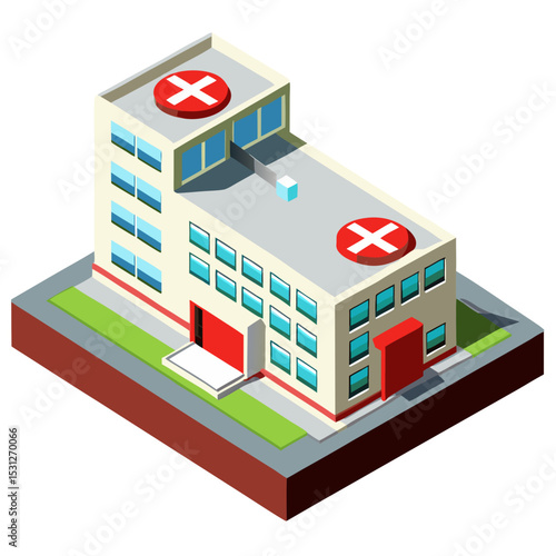 vector of a hospital complex with emergency entrance, red cross symbol, and rooftop helipad in isometric style, isolated on white
