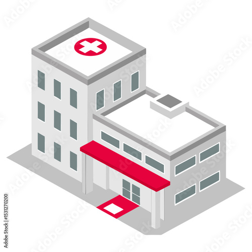 vector of a hospital complex with emergency entrance, red cross symbol, and rooftop helipad in isometric style, isolated on white
