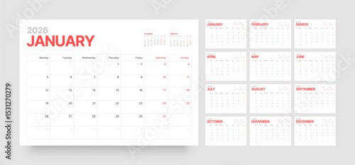 Monthly calendar layout for 2026 year. Diary planner for 2026 year. Week Starts on Monday. 