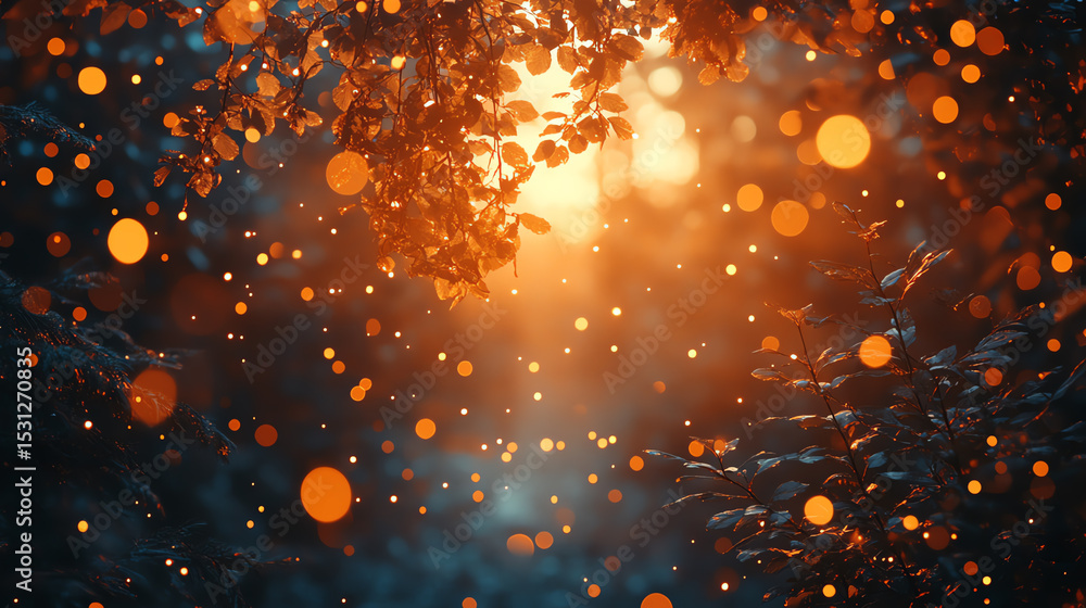 Fototapeta premium A serene forest scene illuminated by golden sunlight with sparkling bokeh effects, creating a magical and tranquil atmosphere.