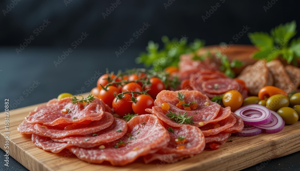 Delicious Salami Platter with Cherry Tomatoes and Red Onion Slices Delicious Salami Platter with Cherry Tomatoes and Red Onion Slices
