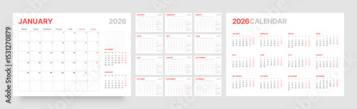 Monthly calendar layout for 2026 year. Diary planner for 2026 year. Week Starts on Monday. 