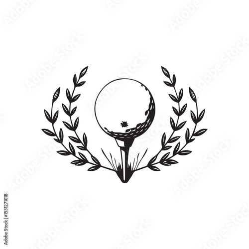 Golf ball on tee with laurel wreath design