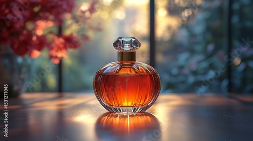Elegant perfume bottle with a faceted glass stopper, filled with golden liquid, sits on a wooden surface in front of a blurred window.