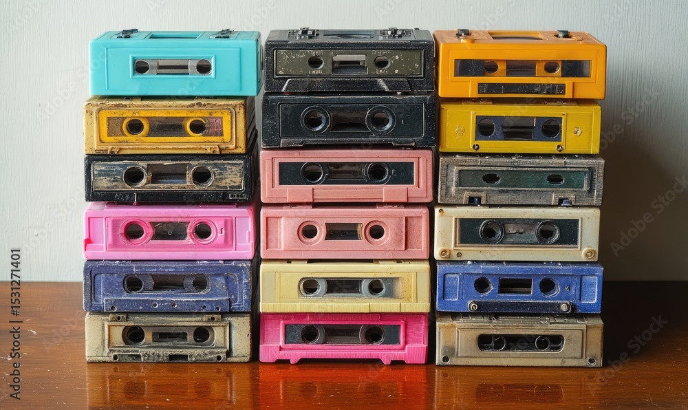 Obraz premium Stacked colorful audio cassettes