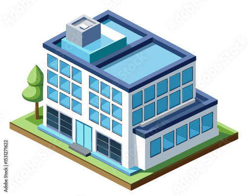 vector of a multi-story office building with glass windows and rooftop HVAC units in isometric view, isolated on white background
