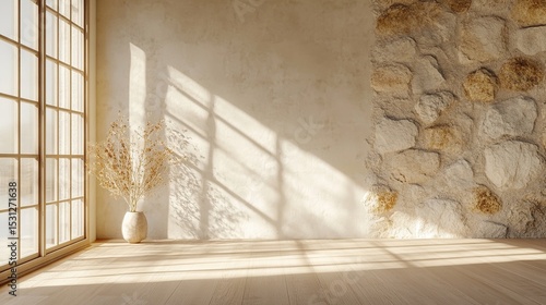 Warm interior space with rustic stone wall, dried floral arrangement, and sunlight streaming through a large window, creating a serene ambiance.