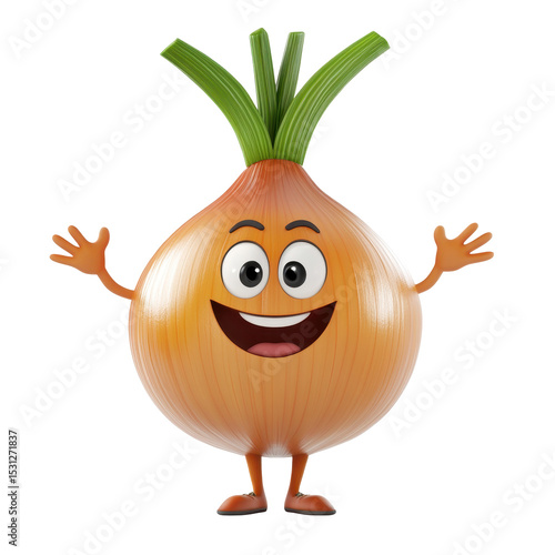 Cartoon onion character with smiling face and outstretched arms in a playful pose