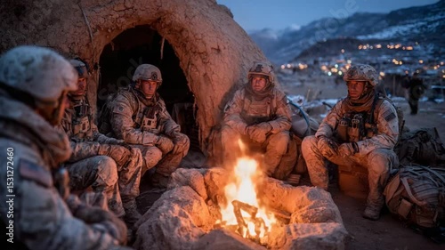 American Soldiers Gather Around a Campfire in the Mountains during a nighttime training