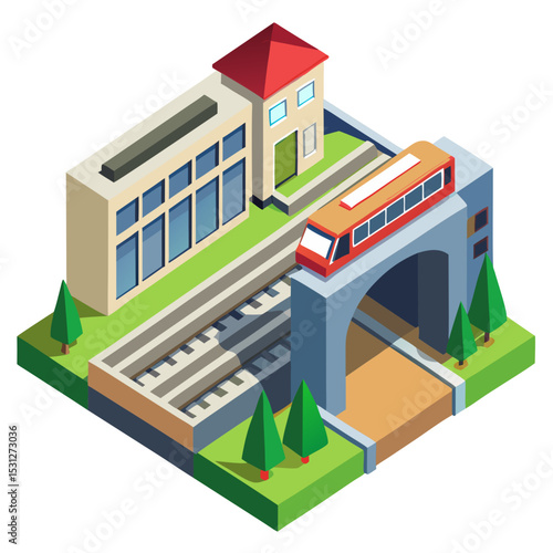 vector of an urban subway station entrance and underground tunnel layout in clean isometric view, white background
