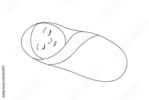 Sleeping newborn baby line drawing swaddled infant illustration