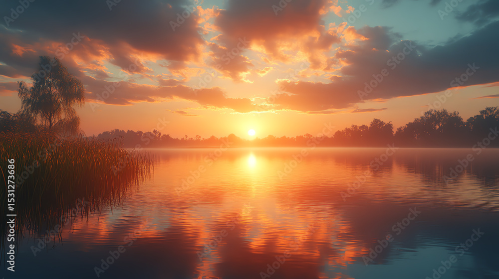 A tranquil sunset over a serene lake, with vibrant clouds reflected in calm waters, creating a peaceful atmosphere. A tranquil sunset over a serene lake, with vibrant clouds reflected in calm waters, creating a peaceful atmosphere.