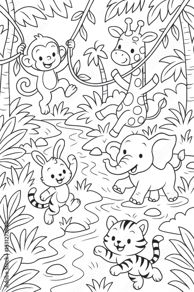 Obraz premium Monkey swinging on liana, giraffe, elephant, tiger and rabbit playing near a river in the jungle, black and white illustration for a coloring book