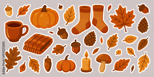 Sticker set with autumn elements. Cool stickers featuring pumpkins, acorns, leaves, cozy socks, a cup, a scarf, and a candle. Atmospheric flat-style illustrations. Autumn. Vector