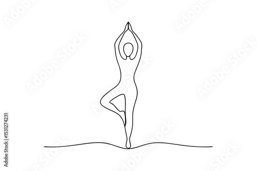 Woman practicing yoga tree pose line drawing minimalist illustration